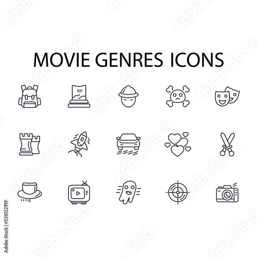 movie genres thin line icons. Vector illustration isolated on white. Editable stroke.