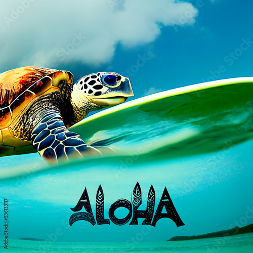 Sea turtle on a surfboard in the sea on a wave, Aloha.