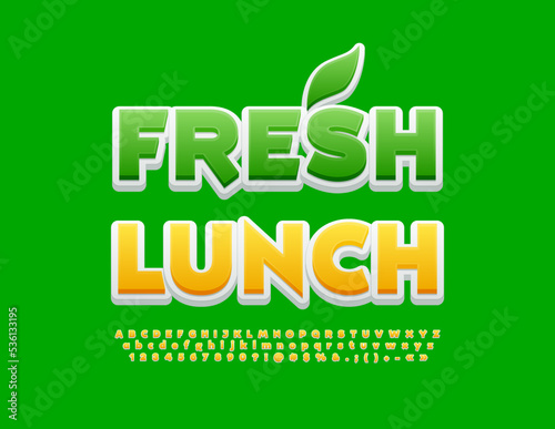 Vector creative emblem Fresh Lunch. Modern bright Font. Artistic Alphabet Letters and Numbers set.