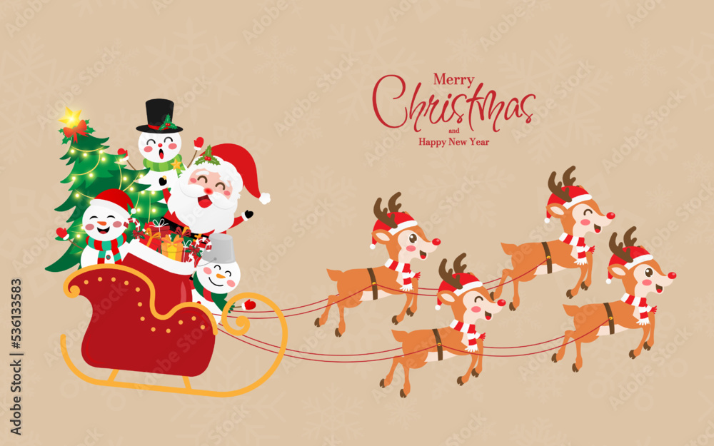 Fototapeta premium Christmas postcard of Santa Claus and snowman with Christmas tree on sleigh, Merry Christmas
