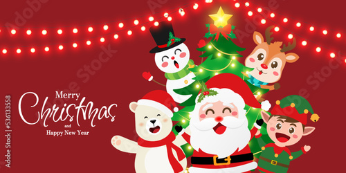 Christmas banner of cute Christmas character Santa Claus and friend on red background © NuTz
