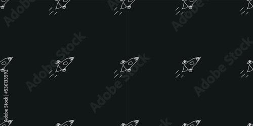 Doodle cosmic seamless pattern in childish style. Hand drawn abstract space rocket. Black and white