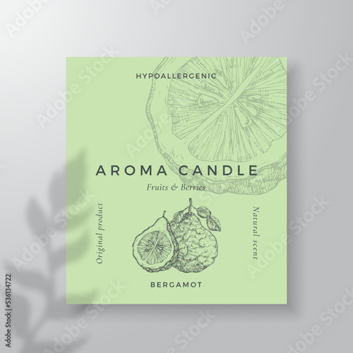 Aroma candle vector label template. Bergamot citrus scent from local purveyors advert design Ink style sketch background layout decor Natural smell product package text space