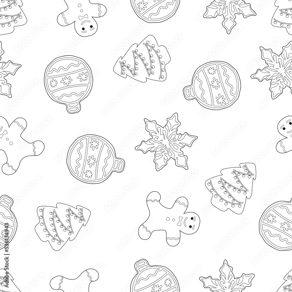 Christmas seamless pattern. Contour images on a white background. Ginger Cookie Pattern Christmas seamless pattern. Contour images on a white background. Ginger Cookie Pattern