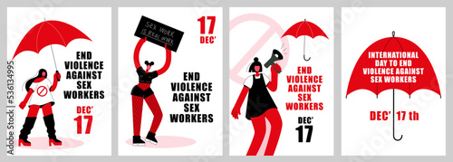 A set of posters with protesting prostitutes. International Day to End Violence against Sex Workers.