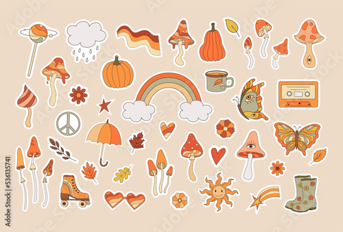 Collection of 70s autumn vibe elements vector illustration. Retro mushroom, rainbow, pumpkins, lips, peace sign, hippy style element. Vintage psychedelic groovy flat symbols, fall vibes