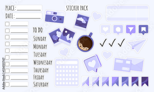 Sticker Pack. Stickers Set of elements like a coffee cup, photo camera or calendar in flat style. Date, place, to do, days of the week and calendar stickers for notebook, diary, organizer or planner.	