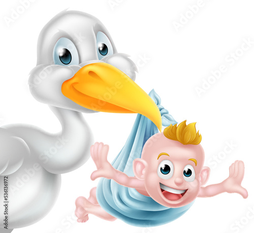 A cartoon stork bird holding a newborn baby. Classic myth of stork bird delivering a new born baby