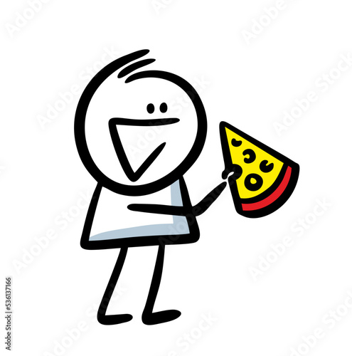 Funny doodle man eating a slice of pizza.