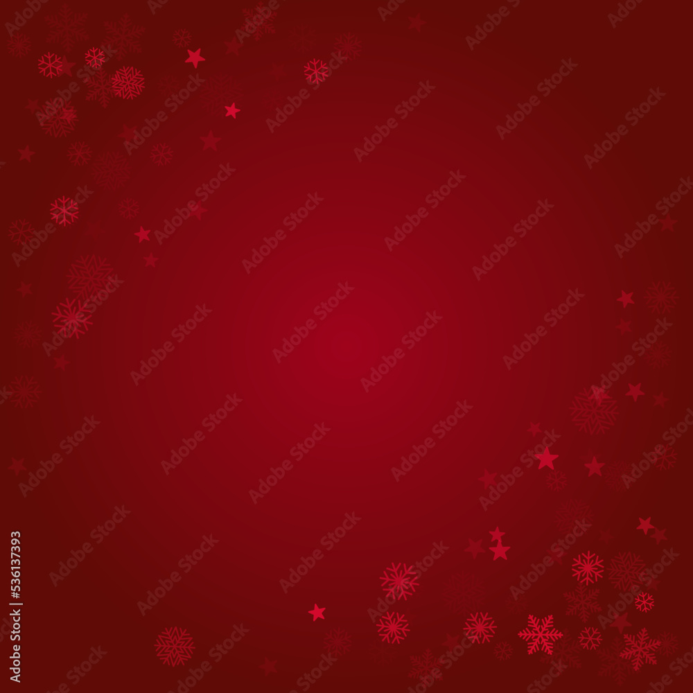 Christmas snow red background. Winter snowflakes subtle frame, greeting card, party event decoration. New Year Holidays gift coupon backdrop. Noel Vector illustration