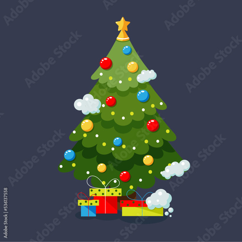 christmas tree with gifts and balls in flat stale