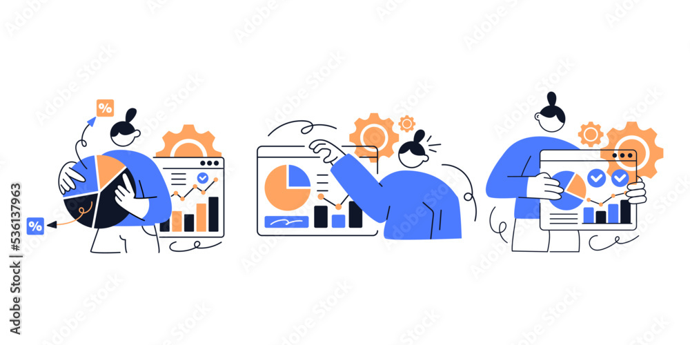 Flat vector design statistical and Data analysis for business finance investment concept. Flat vector illustration isolated on white background Flat vector design statistical and Data analysis for business finance investment concept. Flat vector illustration isolated on white background