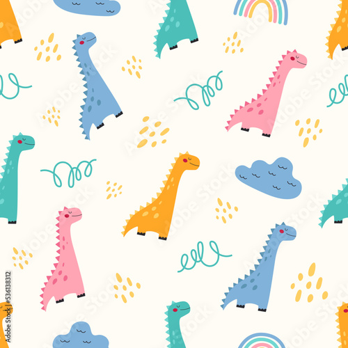 Seamless vector pattern with cute dinosaurs. The texture is great for children's clothes, cards, packaging, and stationery