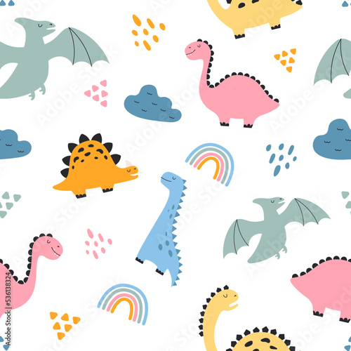 Seamless vector pattern with cute dinosaurs  clouds and rainbows The texture is great for children s clothes  cards  packaging and stationery