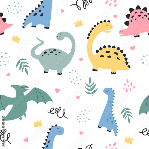 Seamless vector pattern with cute dinosaurs. The texture is great for children s clothes  cards  packaging  and stationery