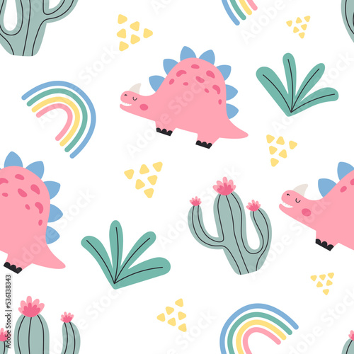 Seamless vector pattern with cute dinosaurs  cacti and greenery. The texture is great for children s clothing  cards  packaging  and stationery