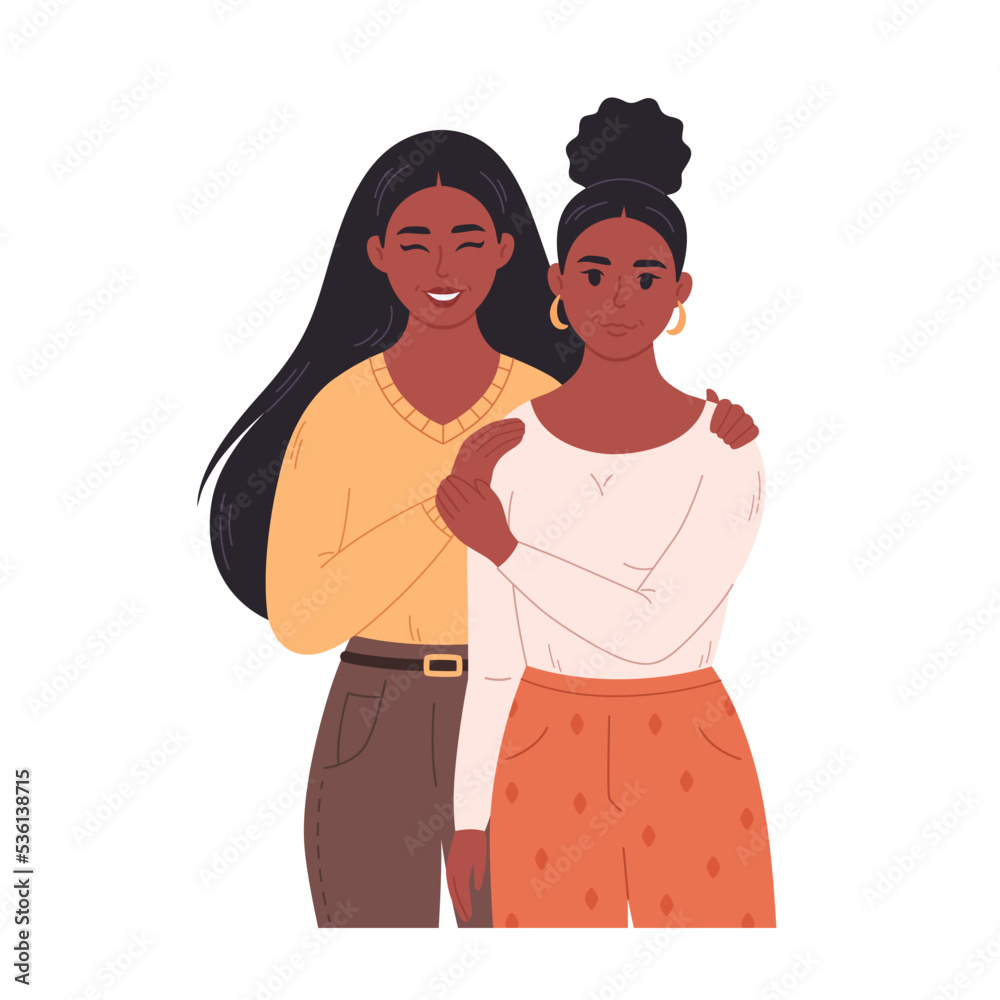 Black lesbian couple hugging and smiling. Sweetheart couple together. LGBT family, LGBT pride. Hand drawn vector illustration