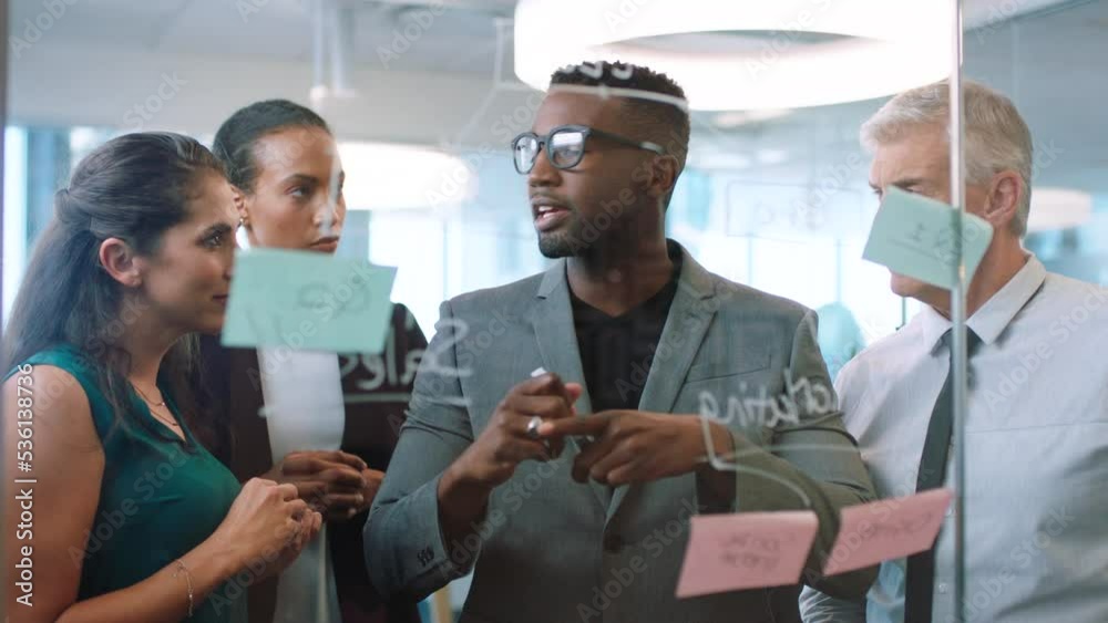 Teamwork, sticky notes or business meeting for strategy, planning or storyboard in office. Corporate, leadership or workers working in collaboration, communication or project management training