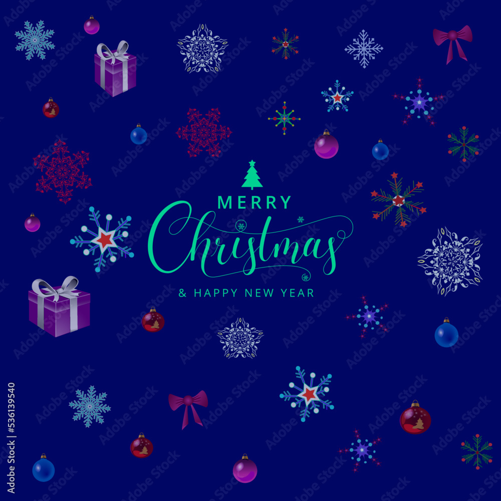 christmas card with snowflake toys and bows on blue background