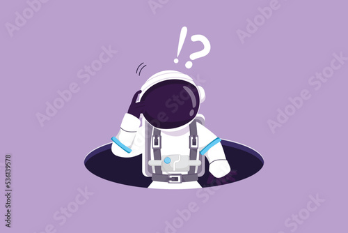 Graphic flat design drawing of confused young astronaut emerges from hole in moon surface. Depressed spaceman due to exploration failure. Cosmic galaxy space concept. Cartoon style vector illustration