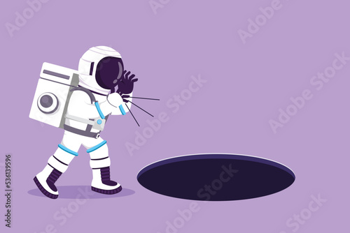 Character flat drawing young astronaut scream into pit hole in moon surface. Spaceman searching opportunity, exploration, challenge at galaxy. Cosmonaut outer space. Cartoon design vector illustration