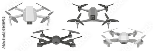 Set of colorful drones in cartoon style. Vector illustration of different flying drones for shooting the environment on white background.