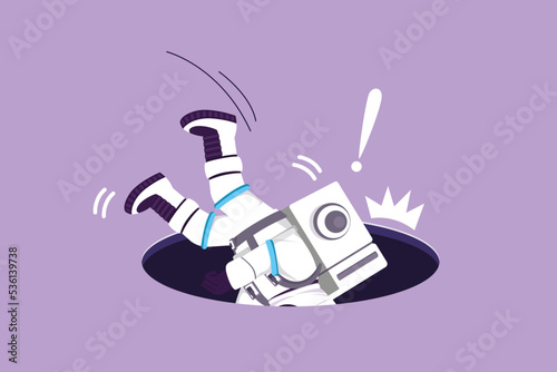 Graphic flat design drawing of young astronaut falling into pit hole in moon surface. Legs up. Logo protruding legs from hatch, puddles. Cosmic galaxy space concept. Cartoon style vector illustration