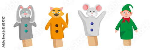 Set of colorful puppet theater toys in cartoon style. Vector illustration of toys in the form of rabbit, cat, mouse, gnome on white background.