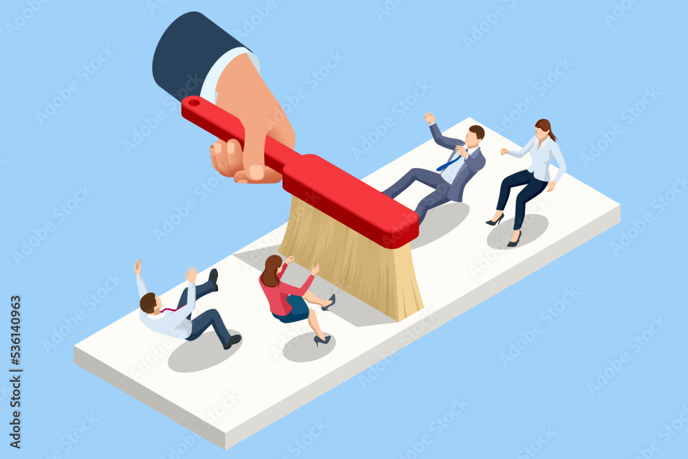 Isometric Personnel Downsizing or Organisational Restructuring. Impact on workforce redundancy. Workplace Pressure, Employee Reduction, Conflict, Exclusion, Downsizing, Incompetence, Exit