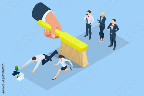 Isometric Personnel Downsizing or Organisational Restructuring. Impact on workforce redundancy. Workplace Pressure, Employee Reduction, Conflict, Exclusion, Downsizing, Incompetence, Exit
