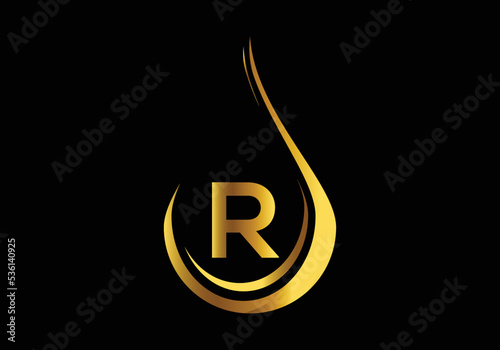 Initial R monogram alphabet with water drop in a spiral. Waterdrop logo design vector template. Font emblem.