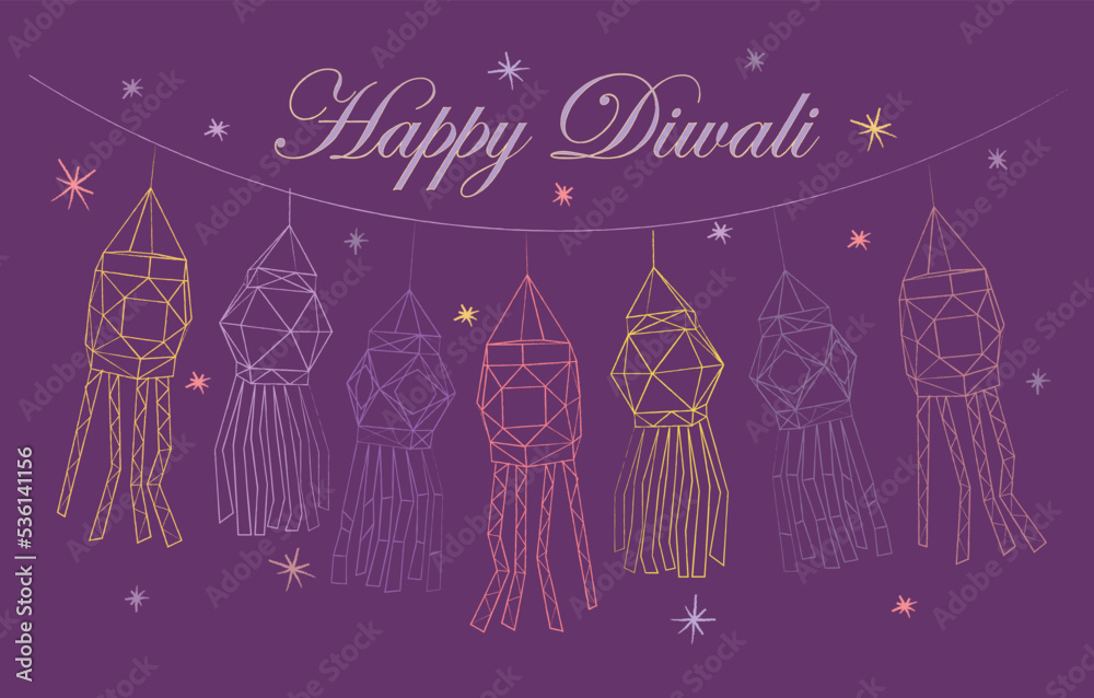 Happy Diwali greeting card with lanterns and stars. Outline vector illustration banner for indian religious festival.