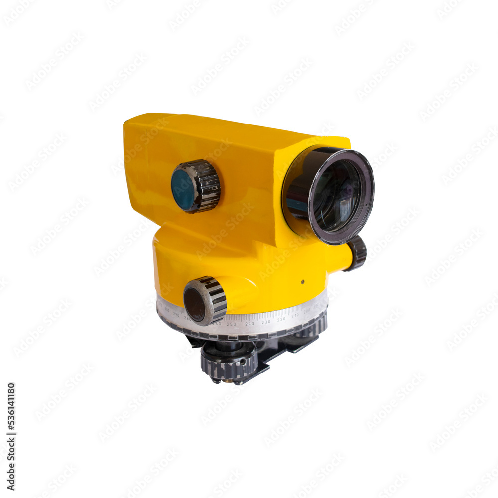 Fototapeta premium Geodesy level device on a tripod isolated on white background.