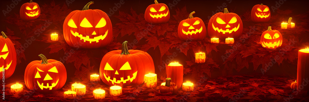 Jack O Lanterns - Halloween Background. Banner size. website header. 3d illustration Jack O Lanterns - Halloween Background. Banner size. website header. 3d illustration