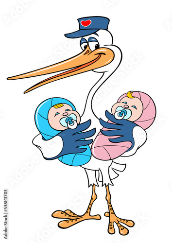 Stork with twins. Cartoon stork with a newborn. Vector color drawing of a stork with a baby, isolated on white.