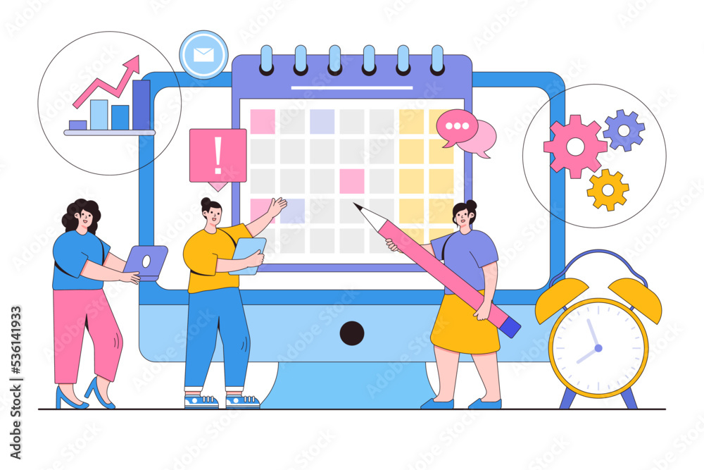 Flat business planning ,events, reminder and timetable in digital online calendar concept. Outline design style minimal vector illustration