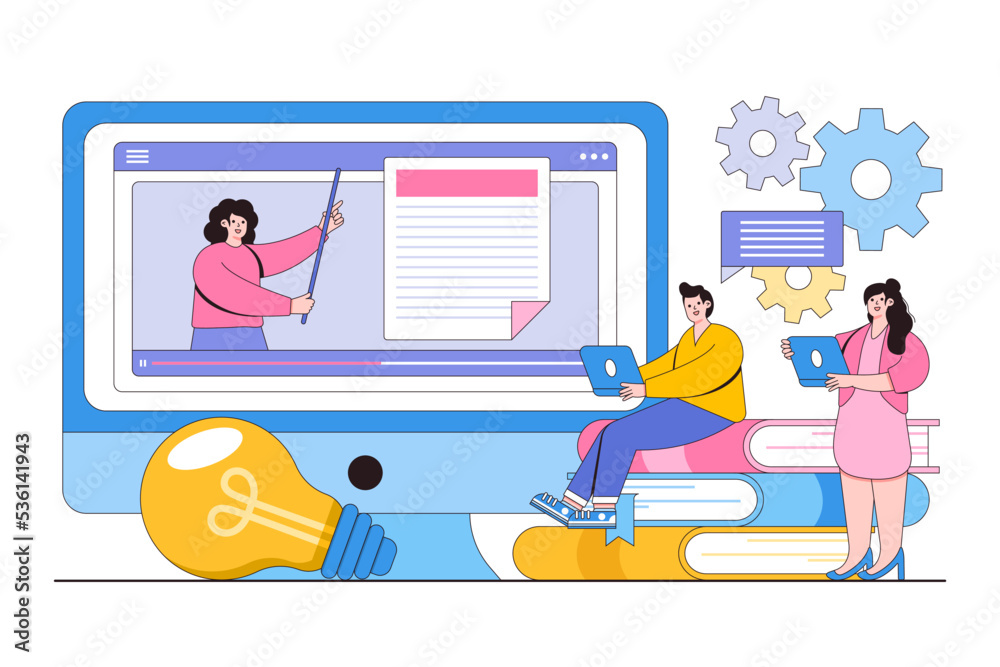 Flat business online education and e-learning at home concept. Webinar, video training, tutorial podcast and coaching. Outline design style minimal vector illustration