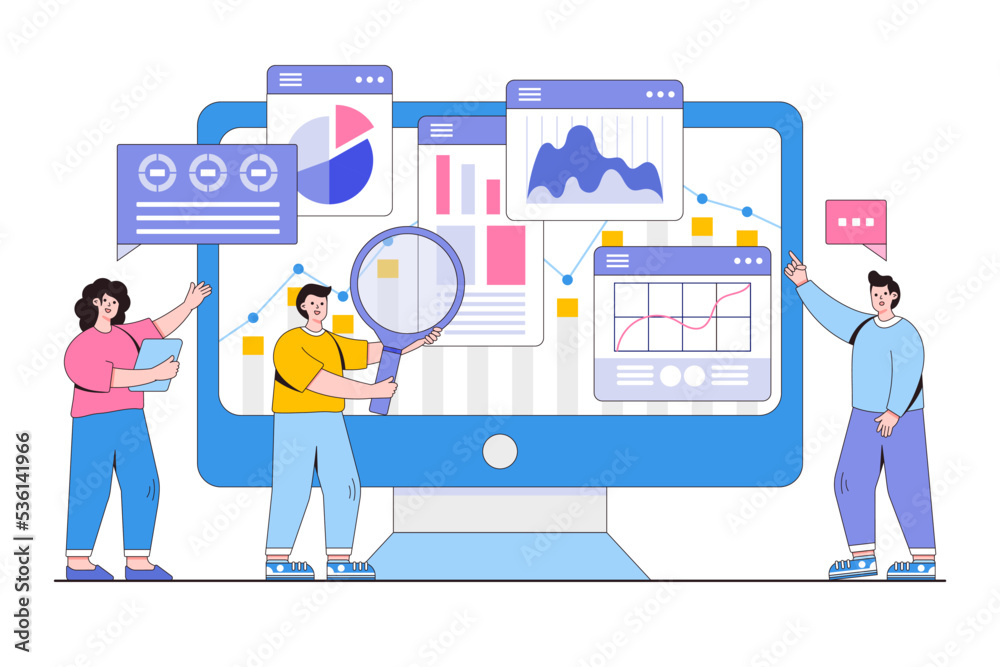 Flat business data analysis, research, planning and statistics concept. People working for monitoring web report dashboard and finance investment. Outline design style minimal vector illustration Flat business data analysis, research, planning and statistics concept. People working for monitoring web report dashboard and finance investment. Outline design style minimal vector illustration