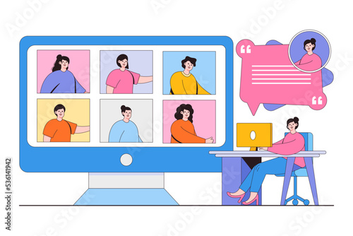 Flat business working from home and anywhere concept. People online video conference for meeting with remote technology. Outline design style minimal vector illustration
