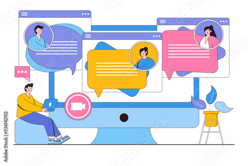 Flat colleagues discussing communication by video call for online business concept. Outline design style minimal vector illustration