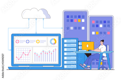 Flat business technology cloud server analysis data concept. Outline design style minimal vector illustration