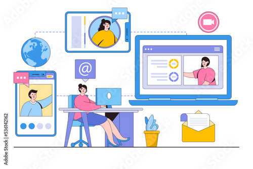 Flat women working use remote technology for video conference with team online concept. Outline design style minimal vector illustration © VZ_Art