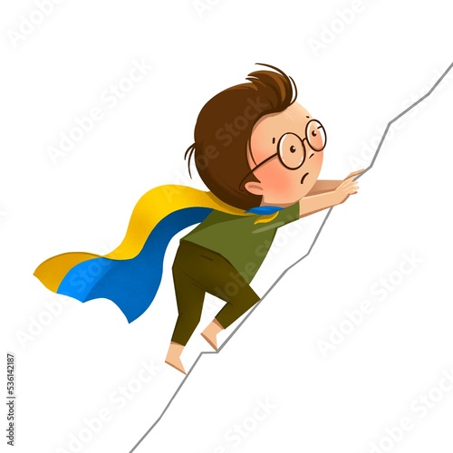 Little boy with a Ukrainian flag climbs a mountain. illustration in flat cartoon simple style.