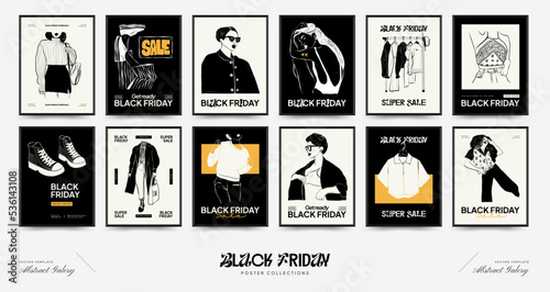 Abstract minimalist aesthetic women with thin lines, women. Trendy colorful poster template. Black Friday wall art, promo, banner, add, social media. Vintage boho style.