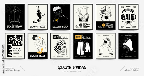 Abstract minimalist aesthetic women with thin lines, women. Trendy colorful poster template. Black Friday wall art, promo, banner, add, social media. Vintage boho style.