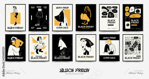 Abstract minimalist aesthetic women with thin lines, women. Trendy colorful poster template. Black Friday wall art, promo, banner, add, social media. Vintage boho style.