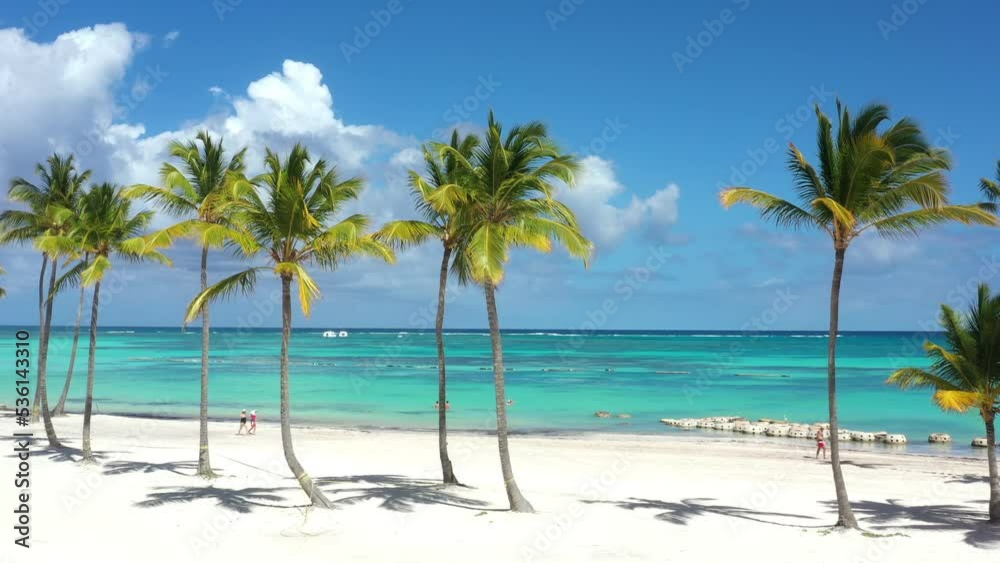 Juanillo beach with palm trees, white sand and turquoise caribbean sea water. Cap Cana is a tourist area in Dominican Republic. Aerial view Juanillo beach with palm trees, white sand and turquoise caribbean sea water. Cap Cana is a tourist area in Dominican Republic. Aerial view
