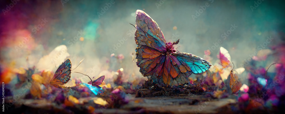 large stunningly beautiful fairy wings Fantasy abstract paint colorful butterfly sits on garden.The insect casts a shadow on nature.The insect has many geometric angles.3d render - obrazy, fototapety, plakaty 