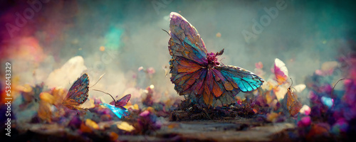 large stunningly beautiful fairy wings Fantasy abstract paint colorful butterfly sits on garden.The insect casts a shadow on nature.The insect has many geometric angles.3d render