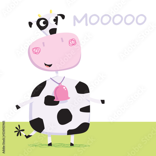 Cartoon vector illustration of a happy cute funny cow standing in a field